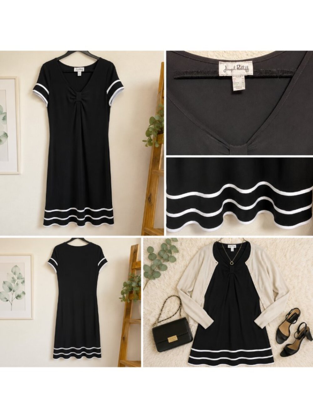 Joesph Ribkoff Stretch Black Swing Midi Dress, Flattering V-neck, Size 12